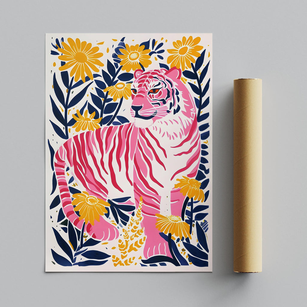 Abstract Pink Tiger in the Jungle Flowers - Rolled Poster Wall Art Print | House Prints