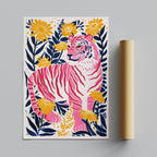 Abstract Pink Tiger in the Jungle Flowers - Rolled Poster Wall Art Print | House Prints
