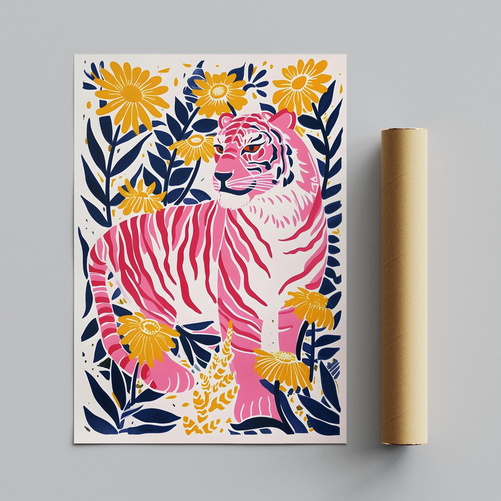 Abstract Pink Tiger in the Jungle Flowers - Rolled Poster Wall Art Print | House Prints