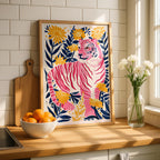 Abstract Pink Tiger in the Jungle Flowers - Rolled Poster Wall Art Print