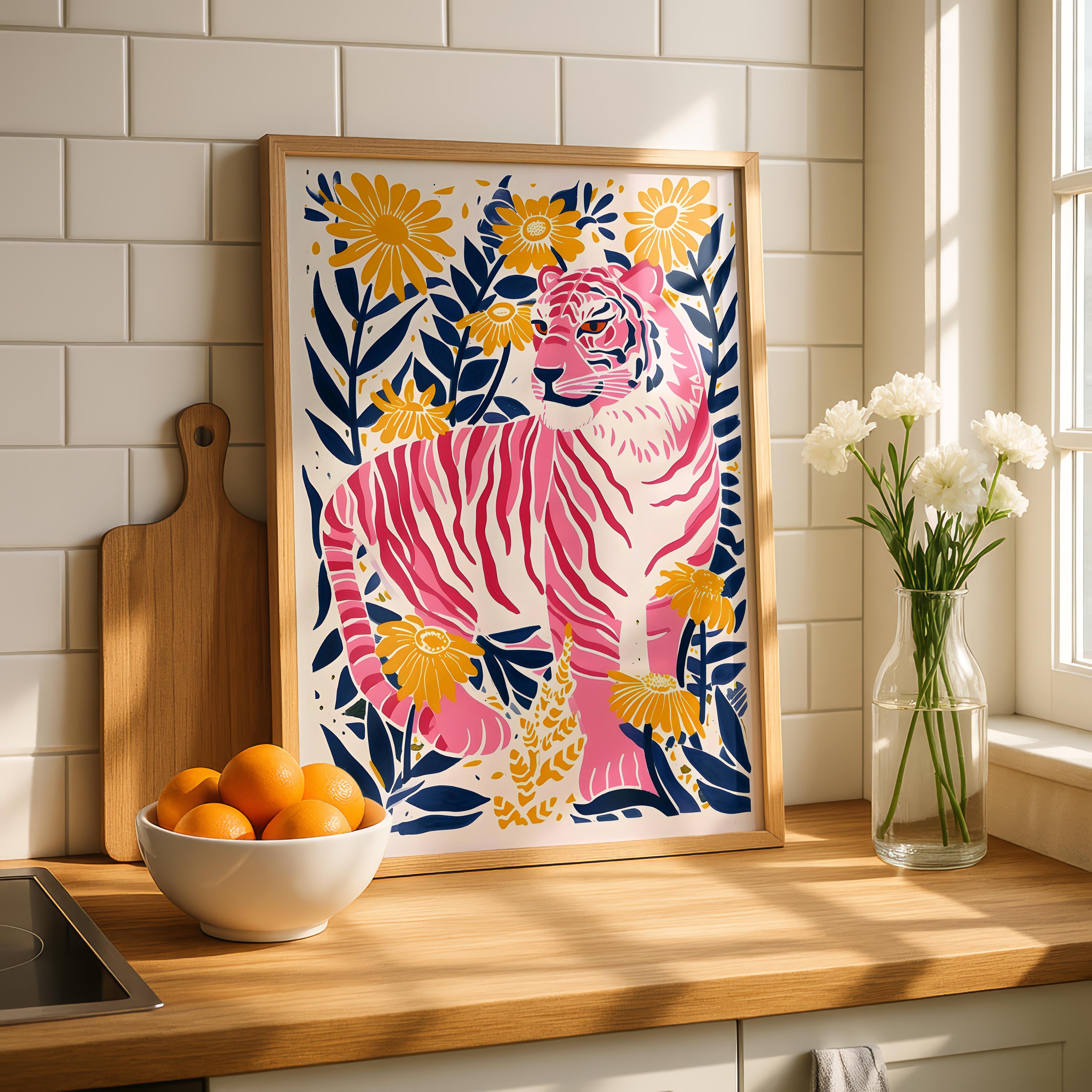 Abstract Pink Tiger in the Jungle Flowers - Rolled Poster Wall Art Print