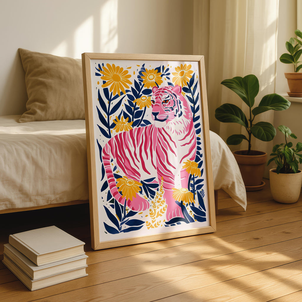 Abstract Pink Tiger in the Jungle Flowers - Rolled Poster Wall Art Print