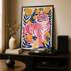 Abstract Pink Tiger in the Jungle Flowers - Rolled Poster Wall Art Print