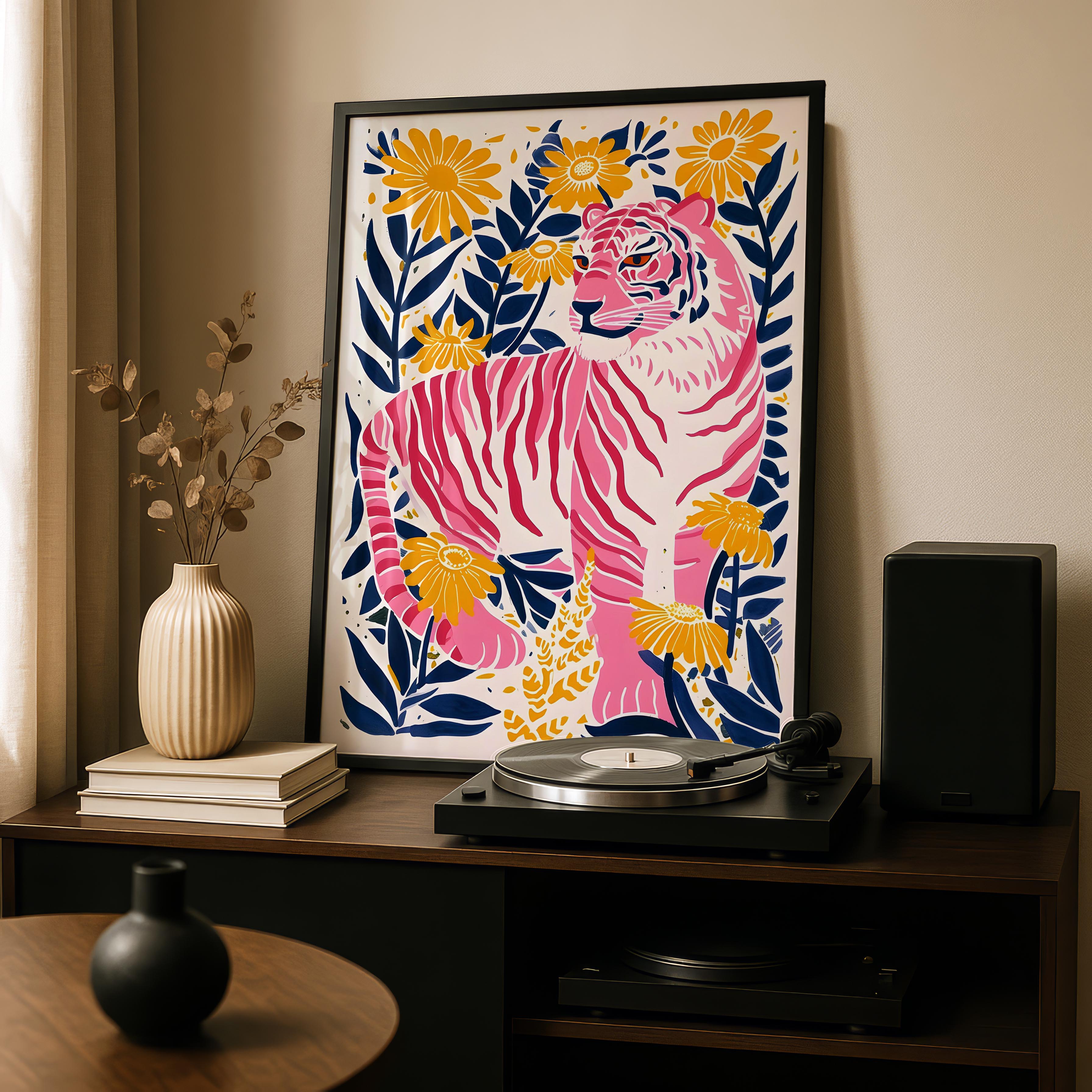 Abstract Pink Tiger in the Jungle Flowers - Rolled Poster Wall Art Print