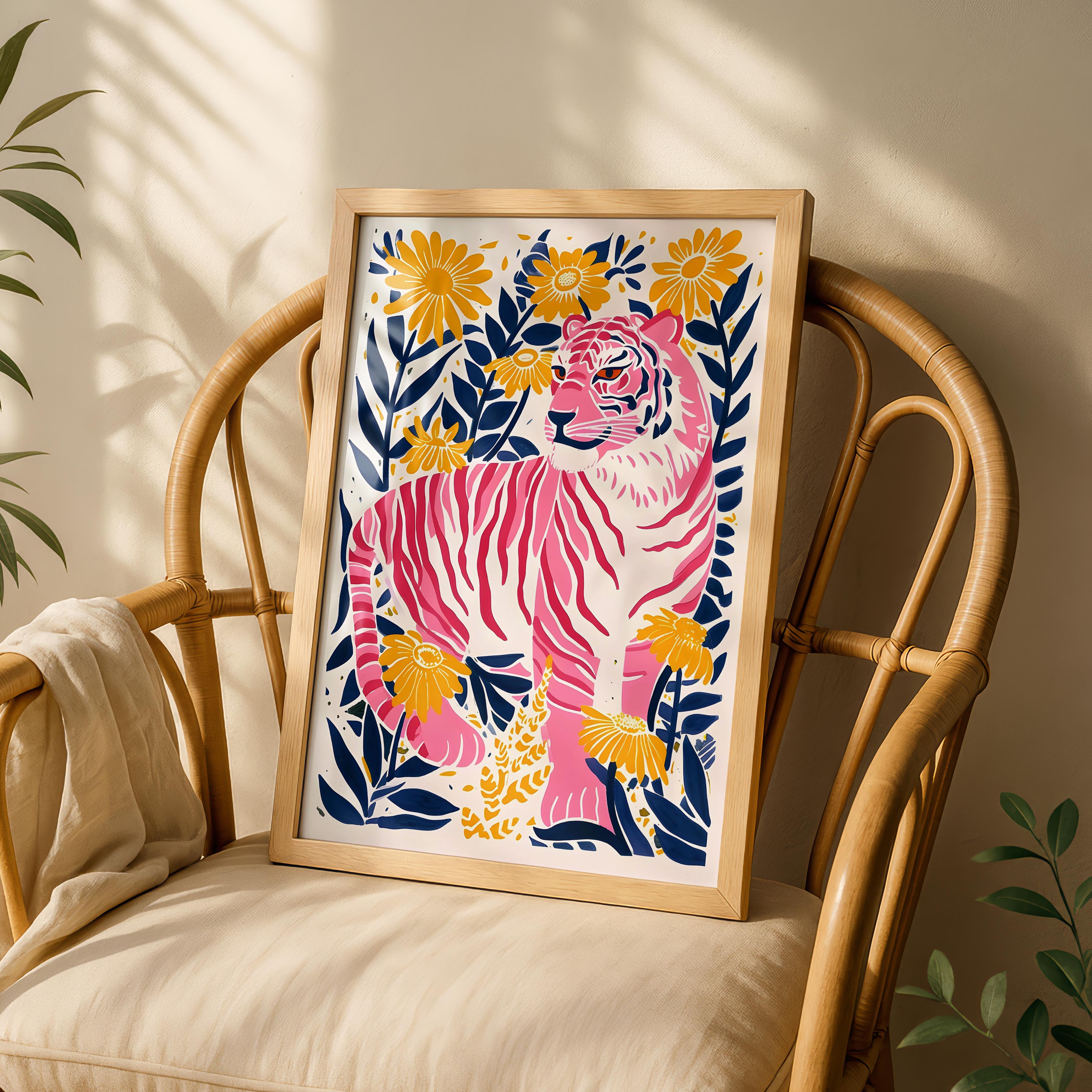 Abstract Pink Tiger in the Jungle Flowers - Rolled Poster Wall Art Print