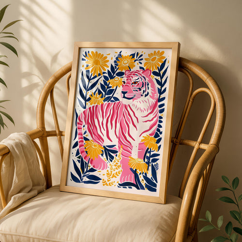 Abstract Pink Tiger in the Jungle Flowers - Rolled Poster Wall Art Print | House Prints