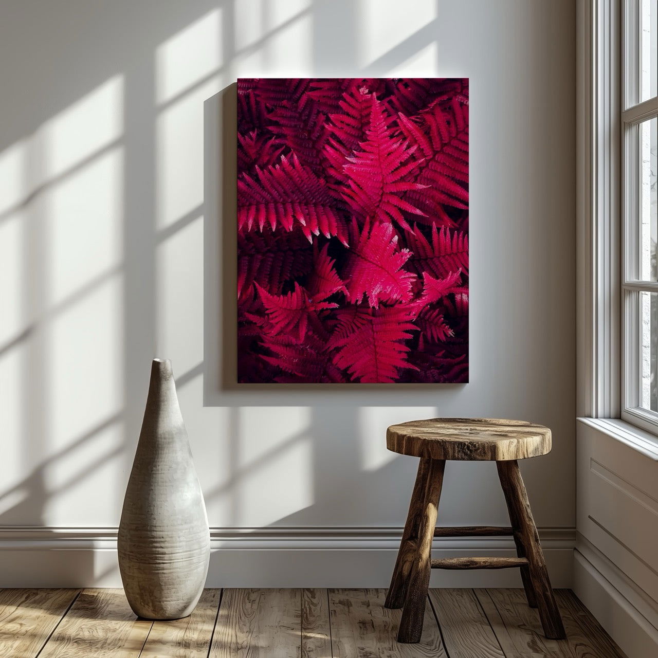 Abstract Black & Bright Pink Floral Leaves - Framed Canvas Wall Art Print - House Prints