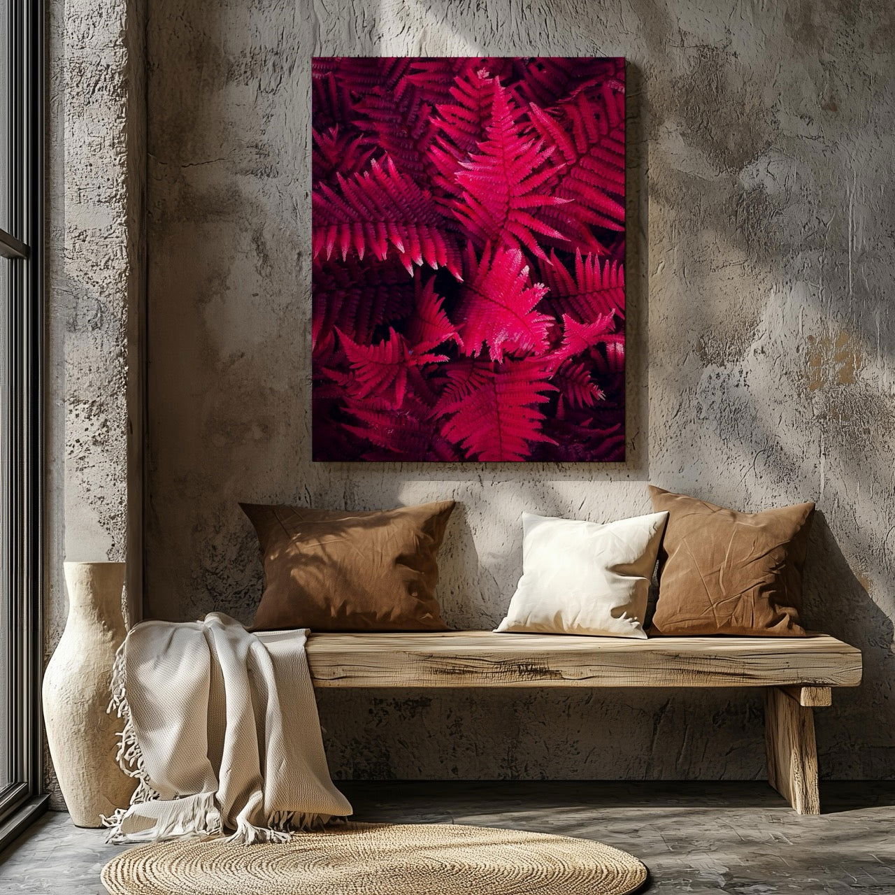 Abstract Black & Bright Pink Floral Leaves - Framed Canvas Wall Art Print - House Prints