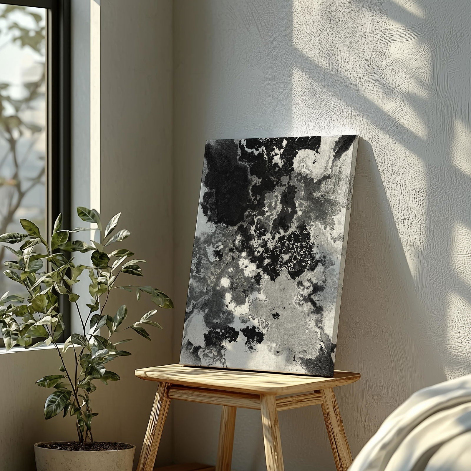 Abstract Black & White Paint Splatter - Framed Canvas Wall Art Print - House Prints