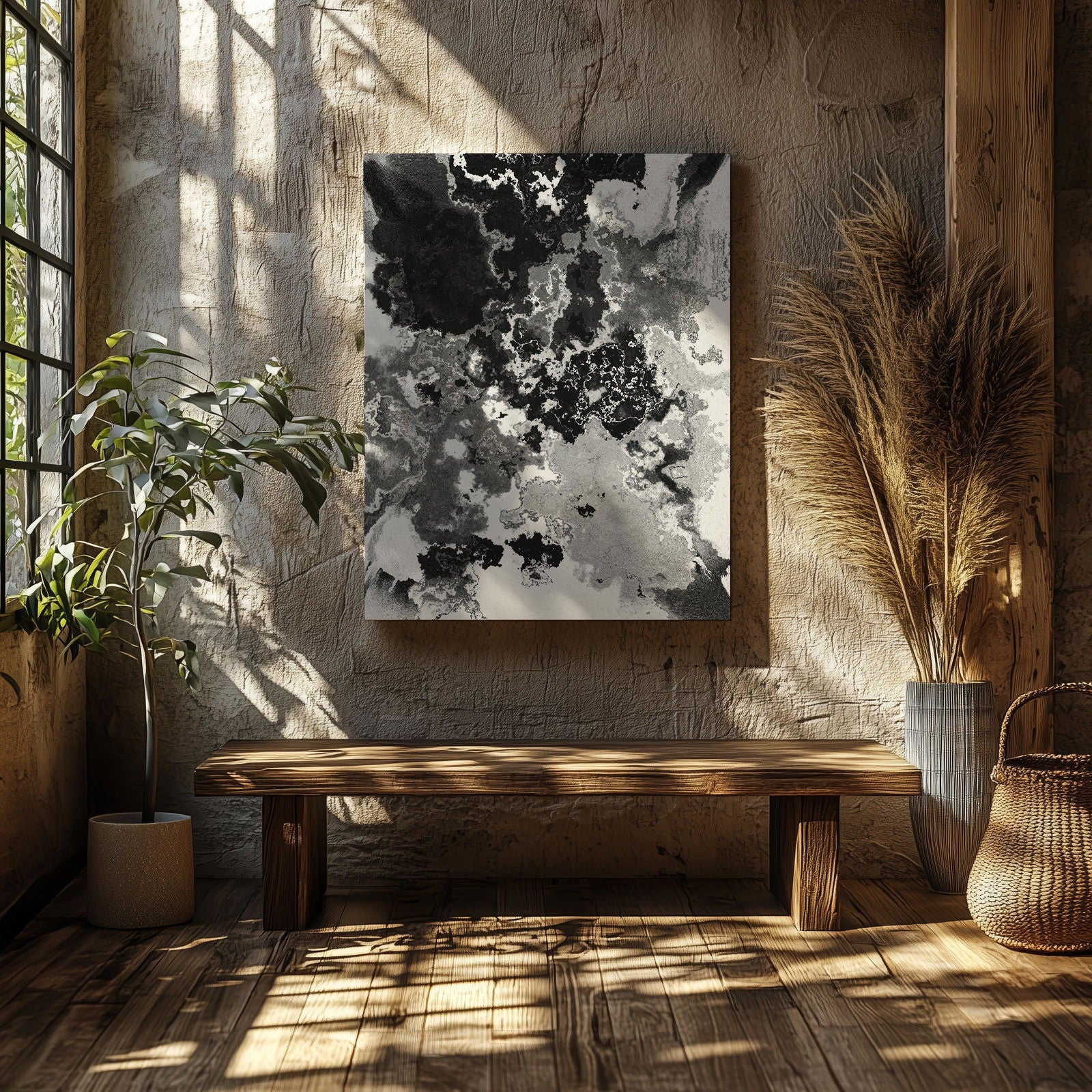 Abstract Black & White Paint Splatter - Framed Canvas Wall Art Print - House Prints