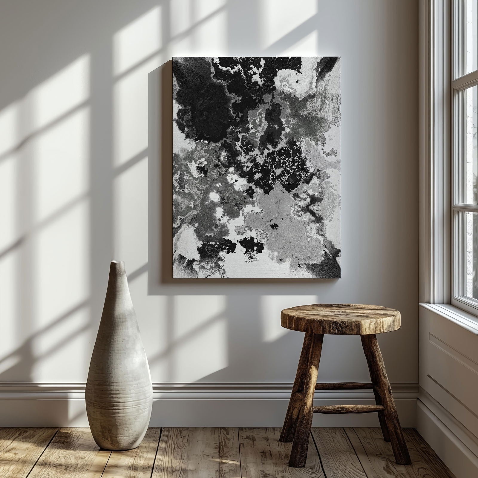 Abstract Black & White Paint Splatter - Framed Canvas Wall Art Print - House Prints