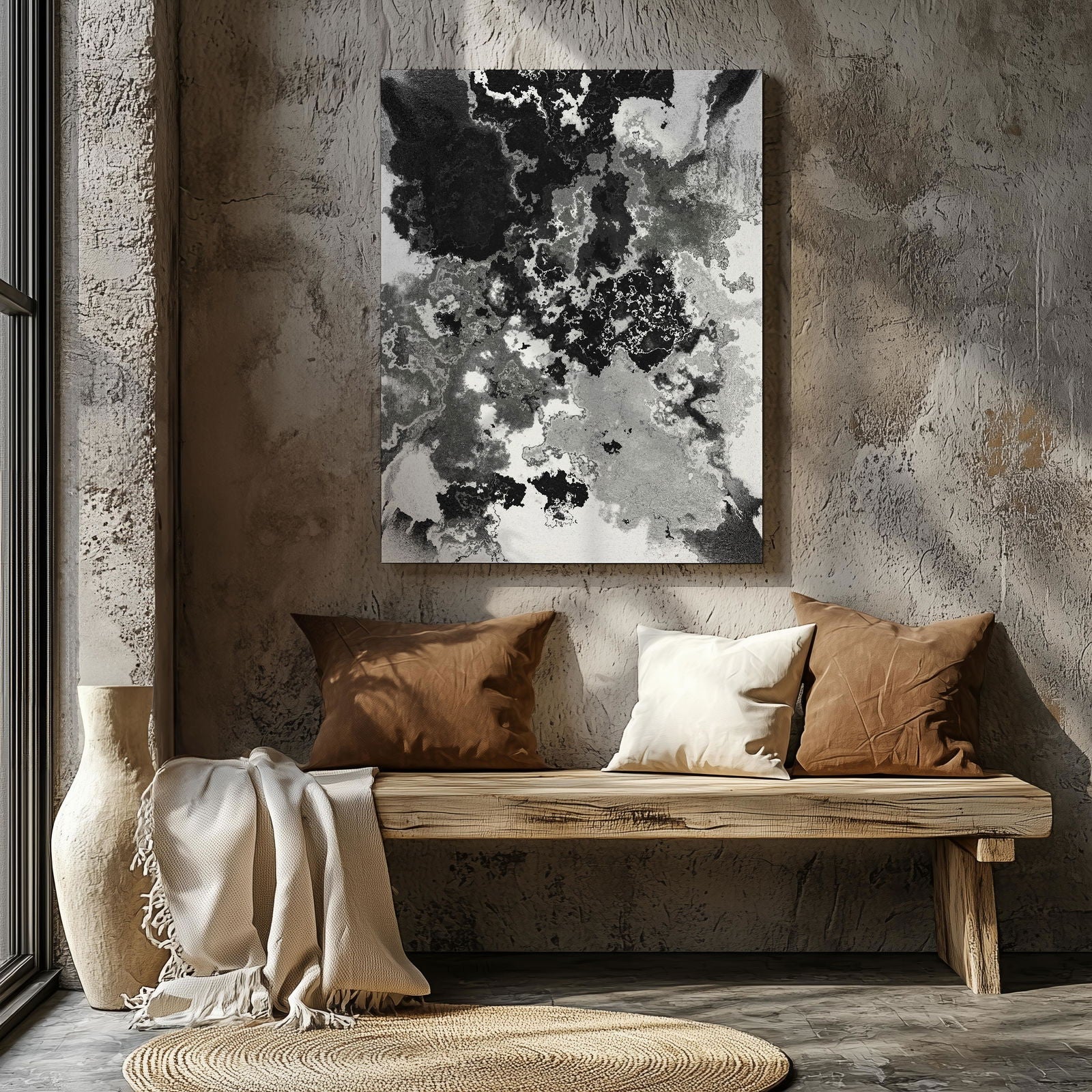 Abstract Black & White Paint Splatter - Framed Canvas Wall Art Print - House Prints