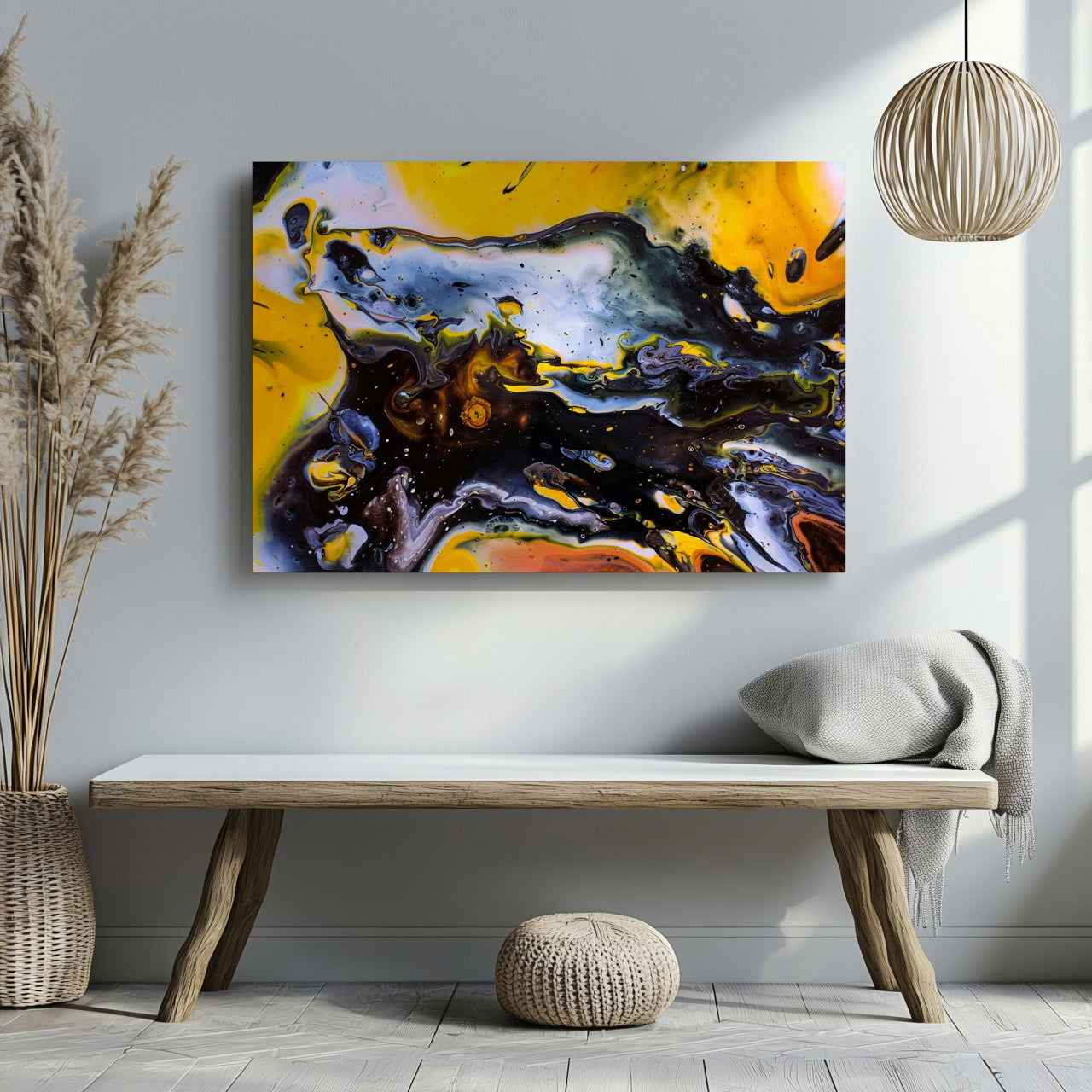 Abstract Black & Yellow Liquid - Framed Canvas Wall Art Print - House Prints