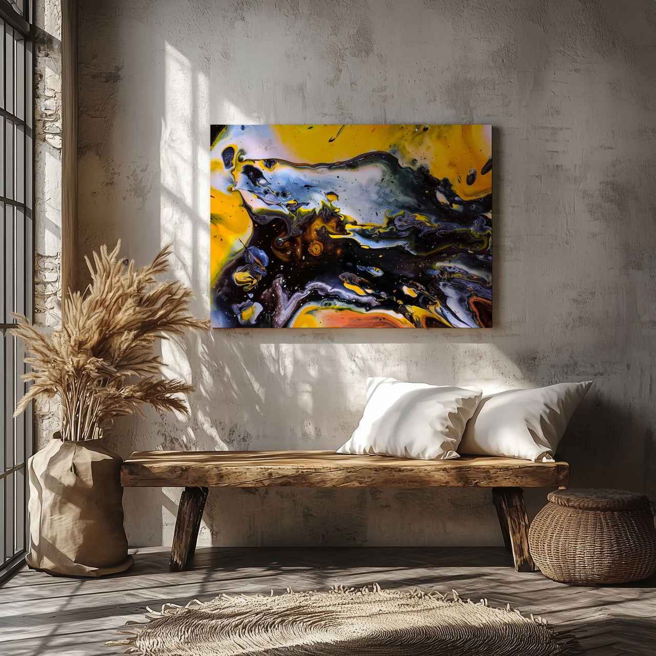 Abstract Black & Yellow Liquid - Framed Canvas Wall Art Print - House Prints