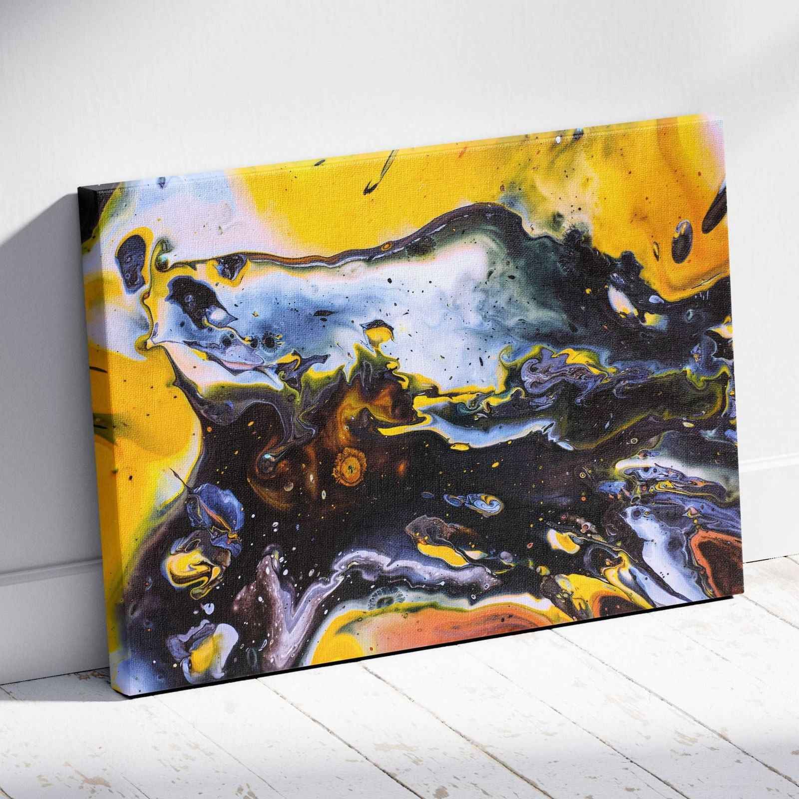 Abstract Black & Yellow Liquid - Framed Canvas Wall Art Print - House Prints