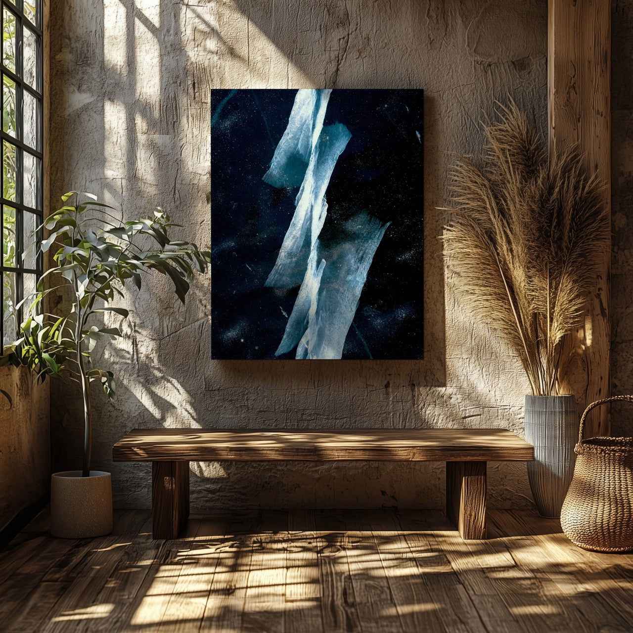 Abstract Blue & White Angled Lines - Framed Canvas Wall Art Print - House Prints