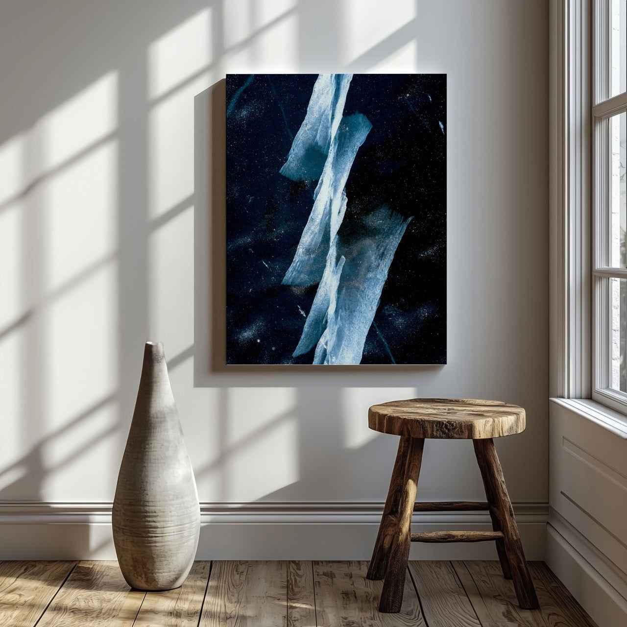 Abstract Blue & White Angled Lines - Framed Canvas Wall Art Print - House Prints