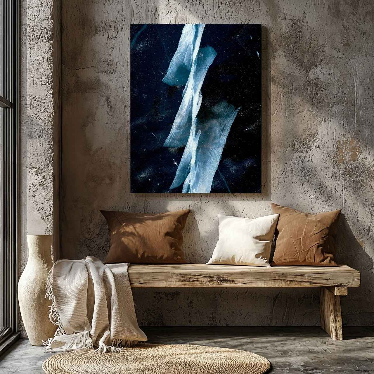 Abstract Blue & White Angled Lines - Framed Canvas Wall Art Print - House Prints