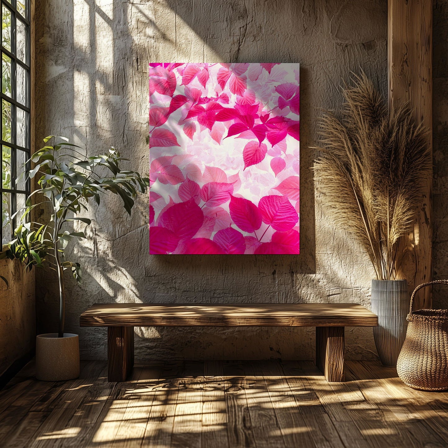 Abstract Bright Pink Floral Leaves - Framed Canvas Wall Art Print - House Prints