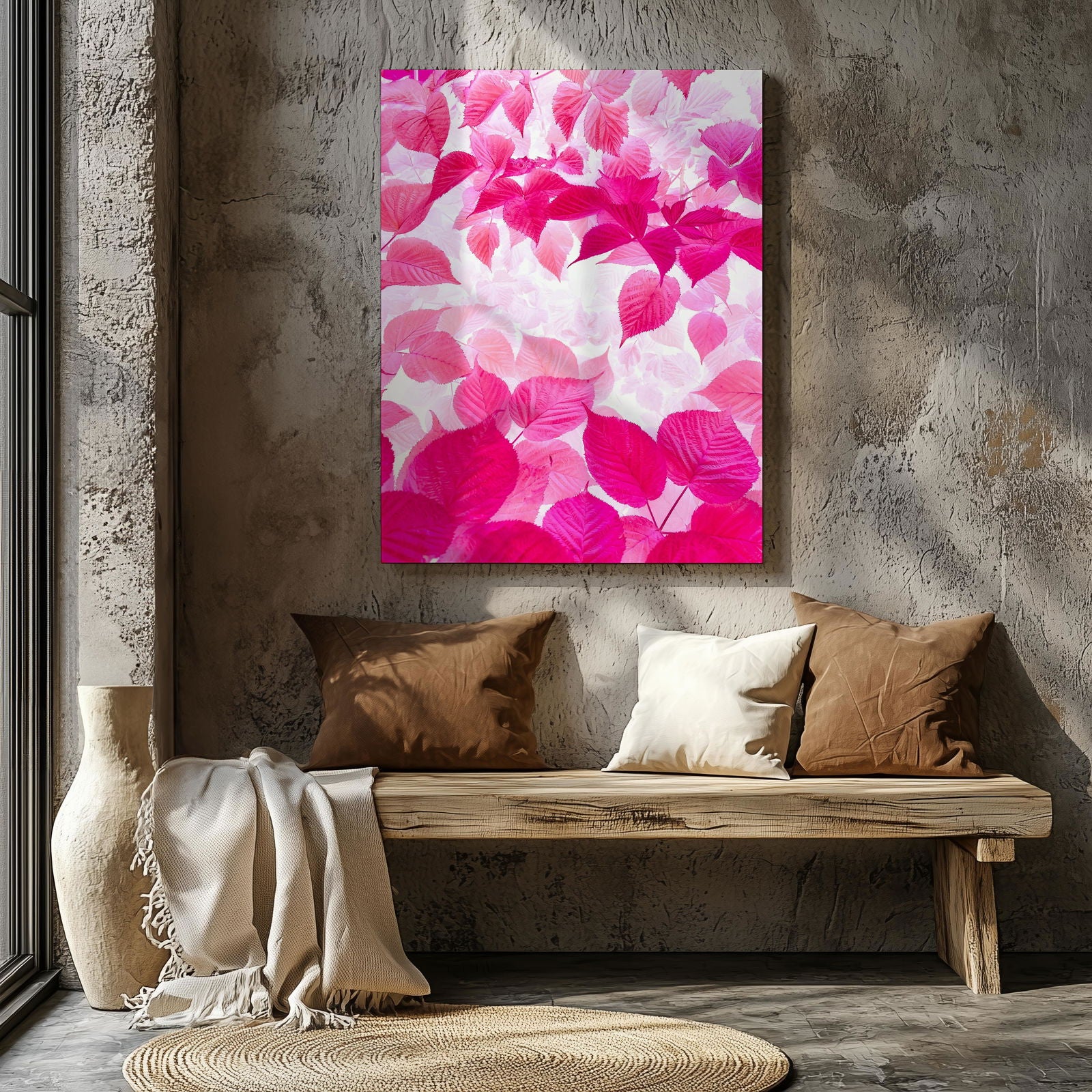 Abstract Bright Pink Floral Leaves - Framed Canvas Wall Art Print - House Prints