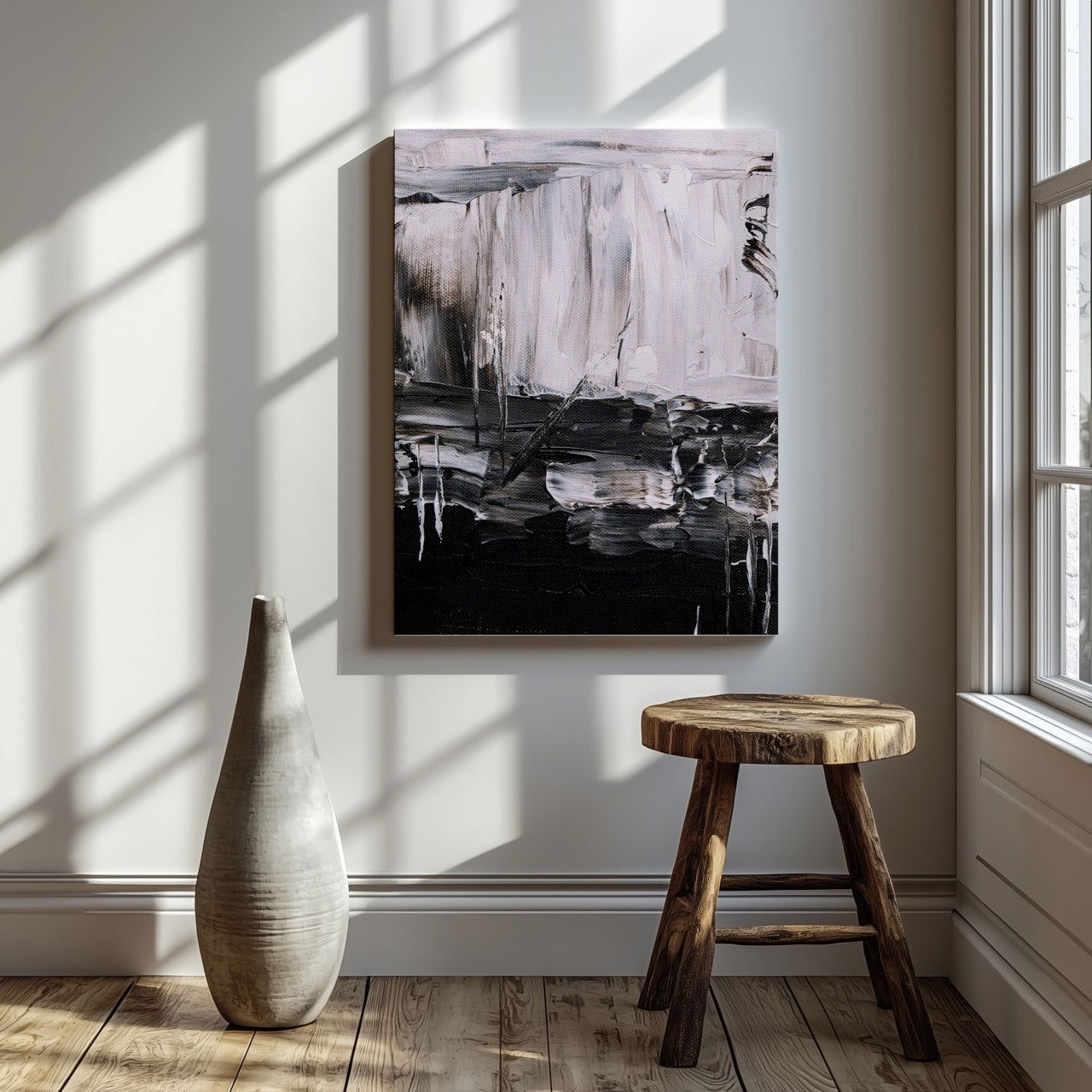 Abstract Monochrome Brush Strokes - Framed Canvas Wall Art Print - House Prints