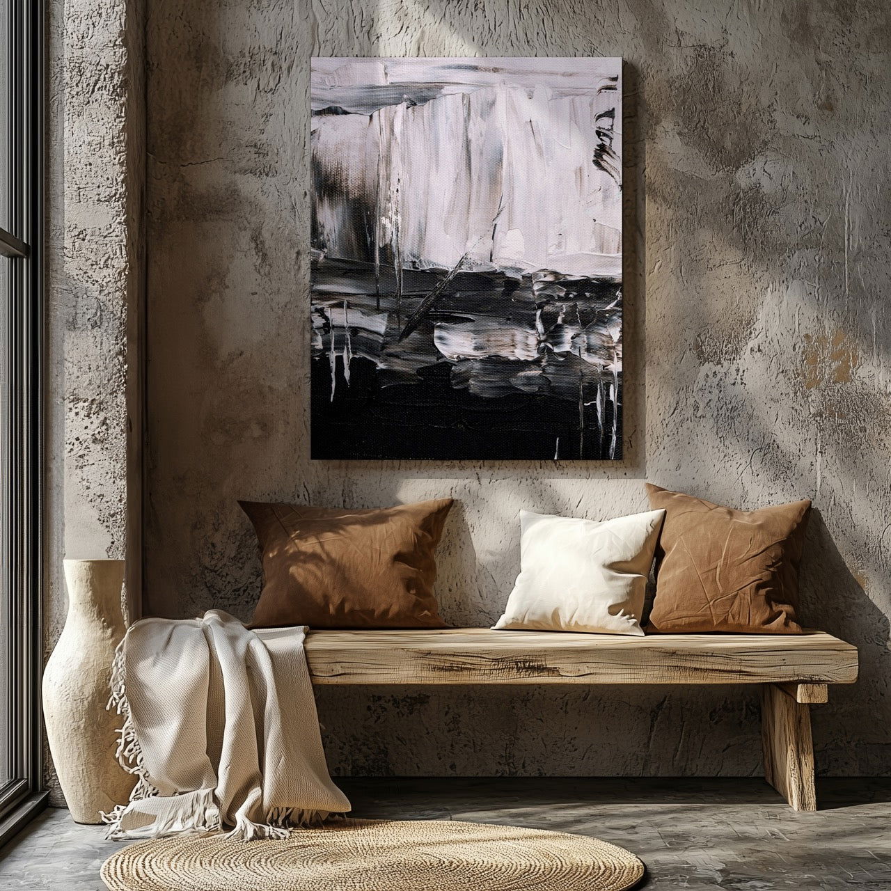 Abstract Monochrome Brush Strokes - Framed Canvas Wall Art Print - House Prints