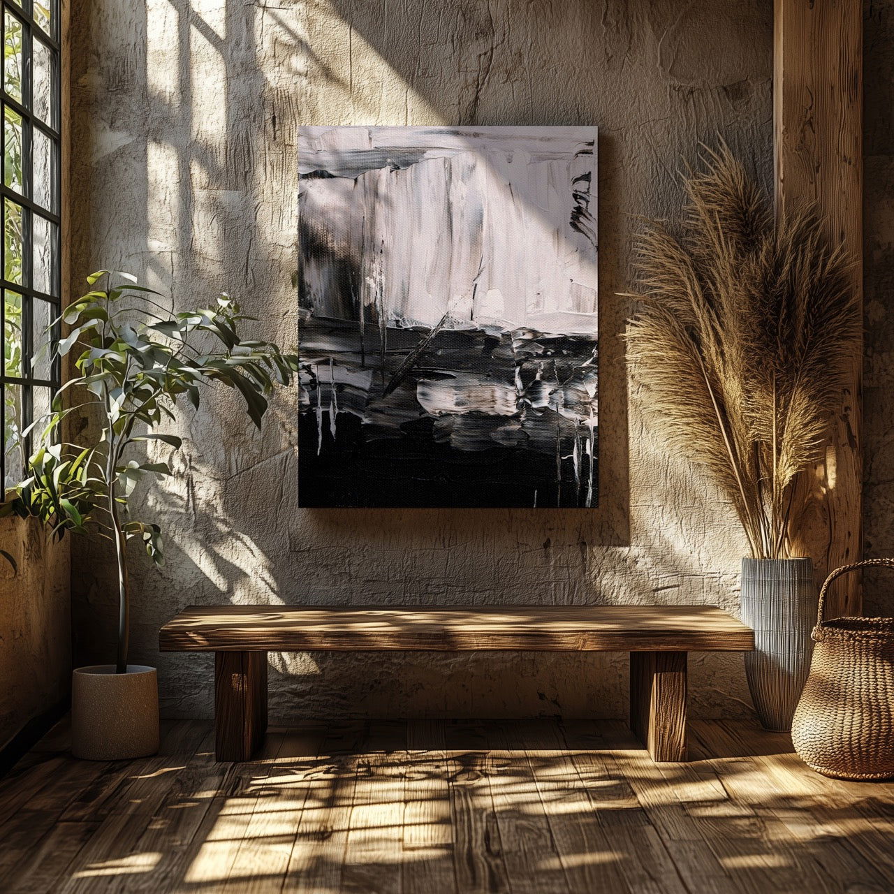 Abstract Monochrome Brush Strokes - Framed Canvas Wall Art Print - House Prints