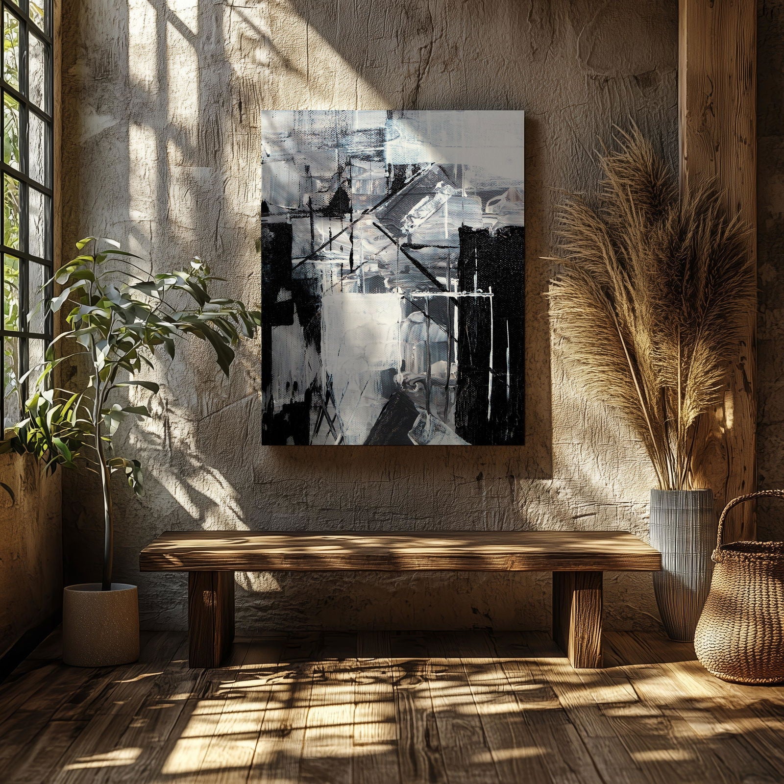 Abstract Monochrome Line Strokes - Framed Canvas Wall Art Print | House Prints