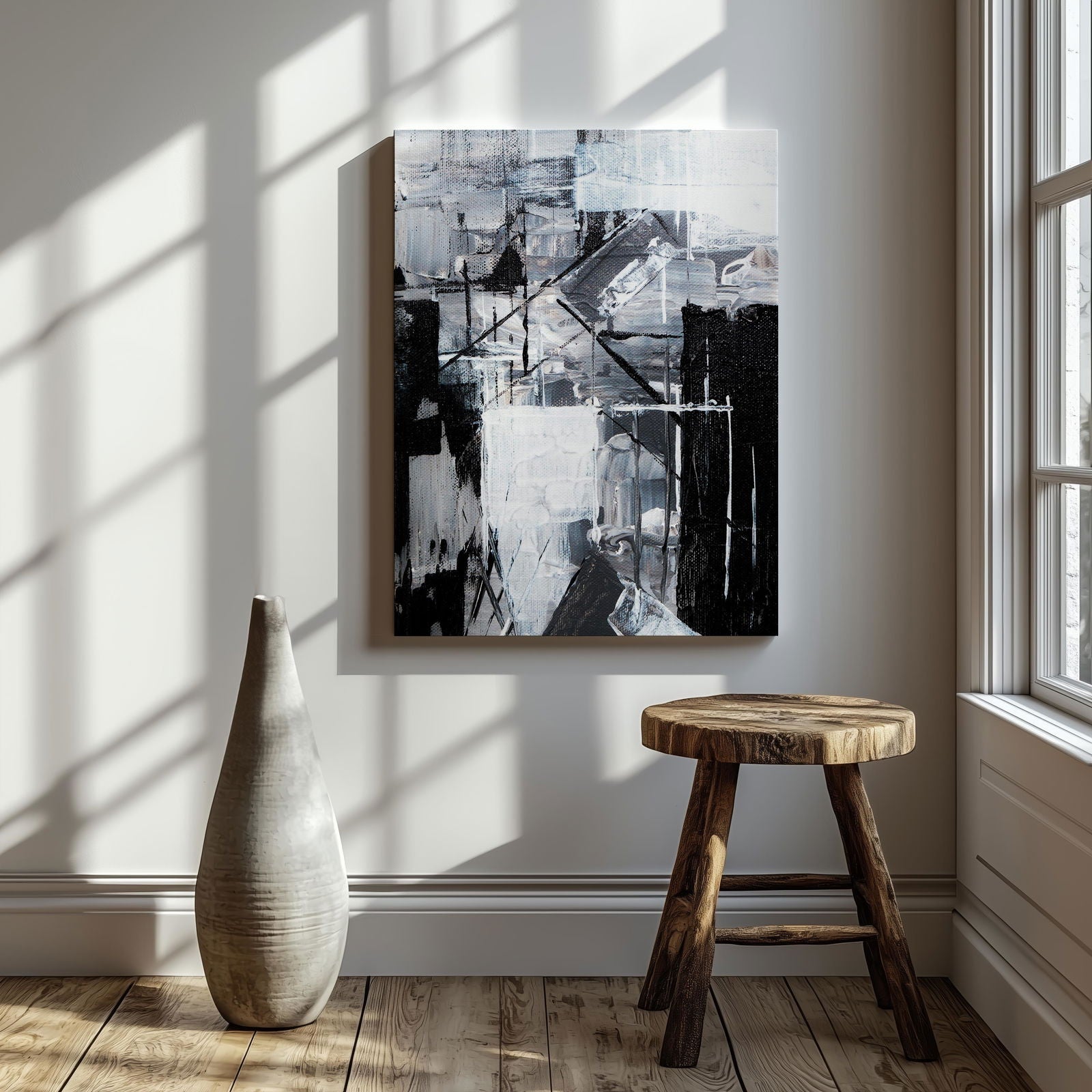 Abstract Monochrome Line Strokes - Framed Canvas Wall Art Print | House Prints