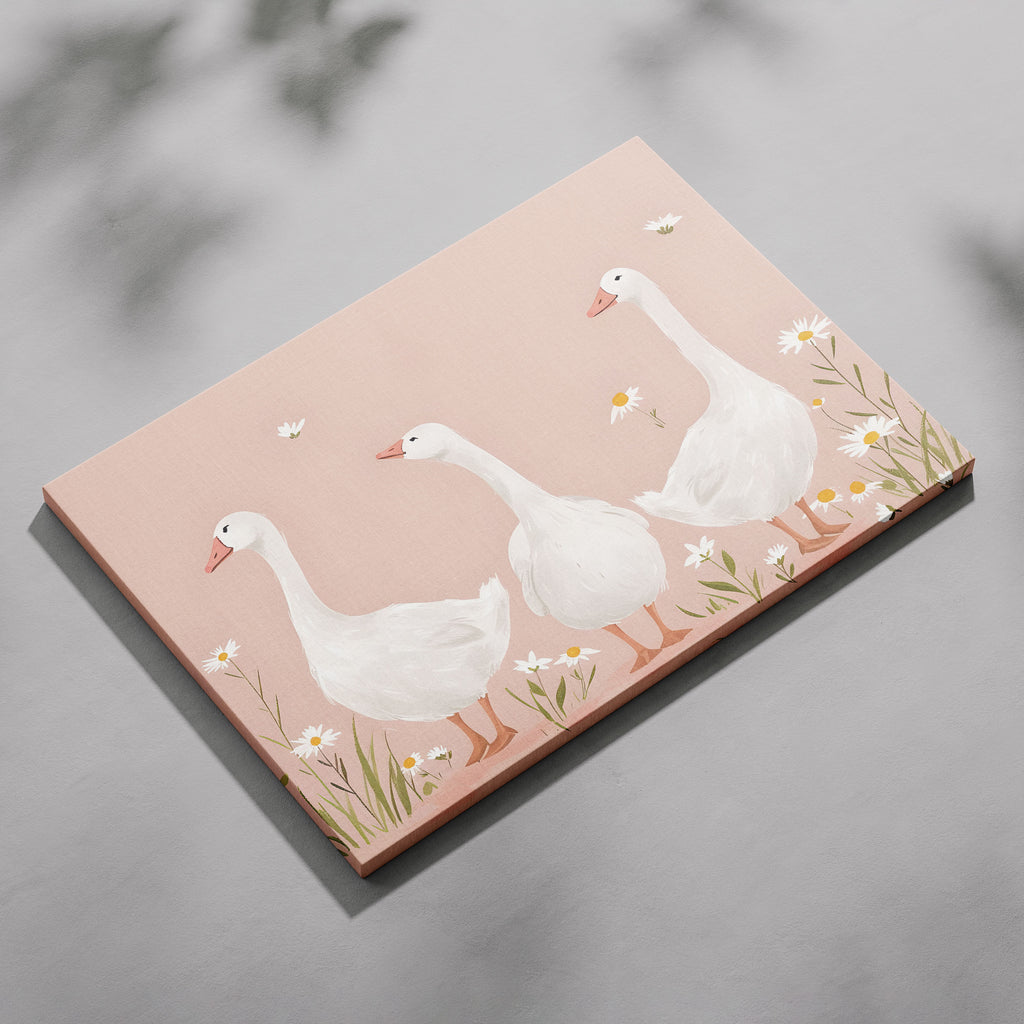 Adorable Geese in a Pink Meadow - Framed Canvas Wall Art Print