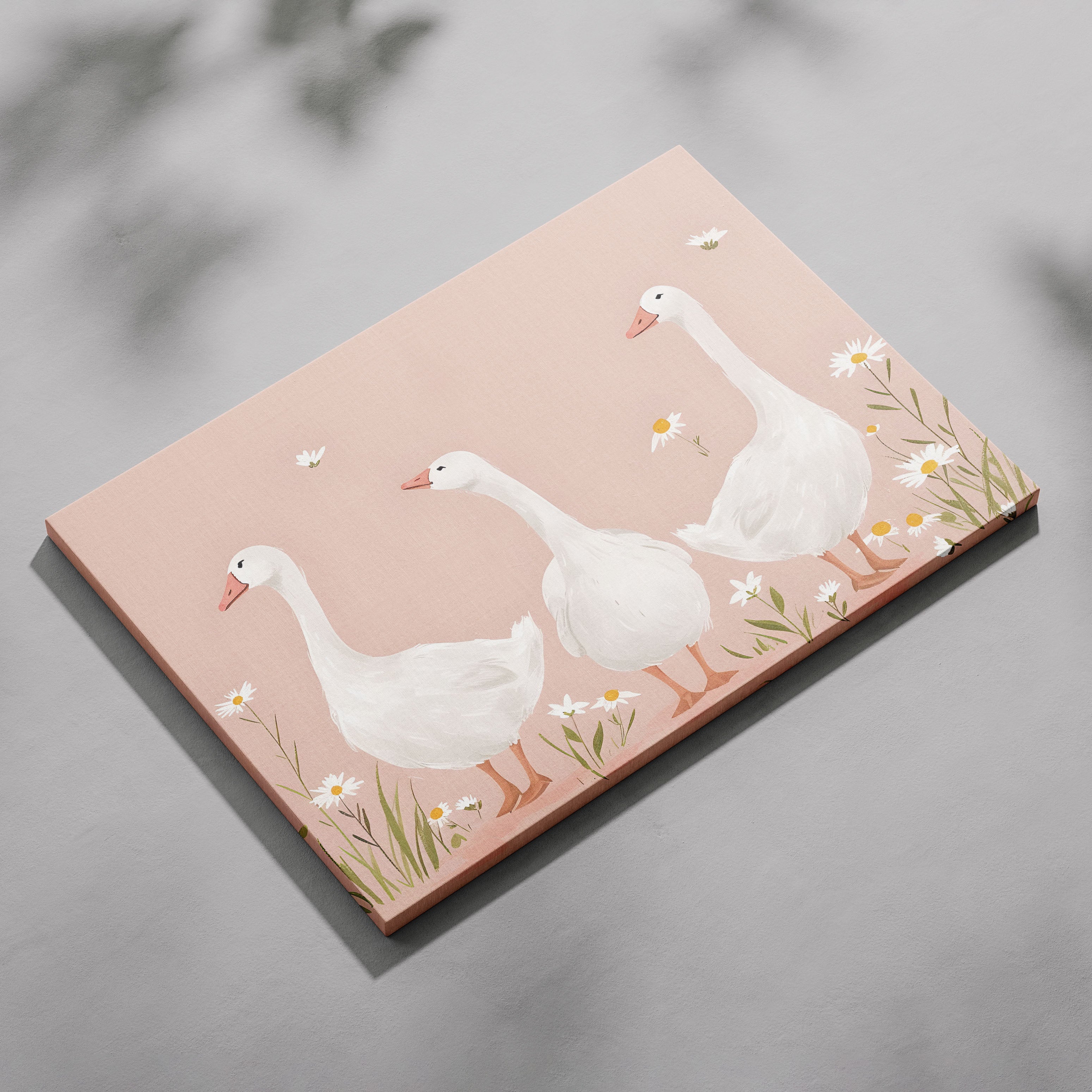 Adorable Geese in a Pink Meadow - Framed Canvas Wall Art Print