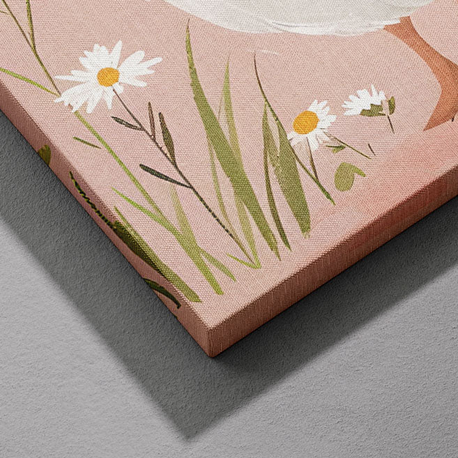 Adorable Geese in a Pink Meadow - Framed Canvas Wall Art Print