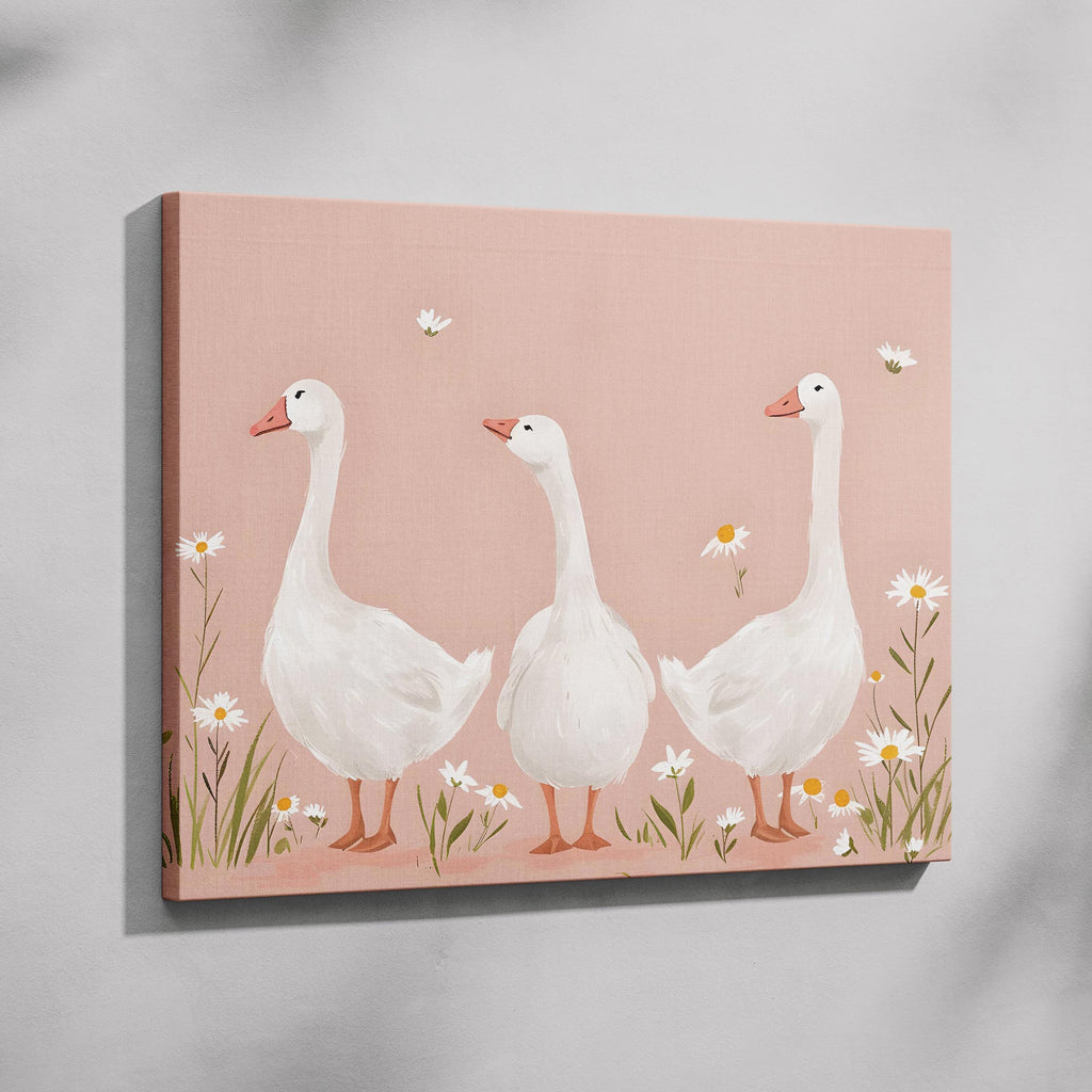 Adorable Geese in a Pink Meadow - Framed Canvas Wall Art Print