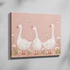Adorable Geese in a Pink Meadow - Framed Canvas Wall Art Print | House Prints