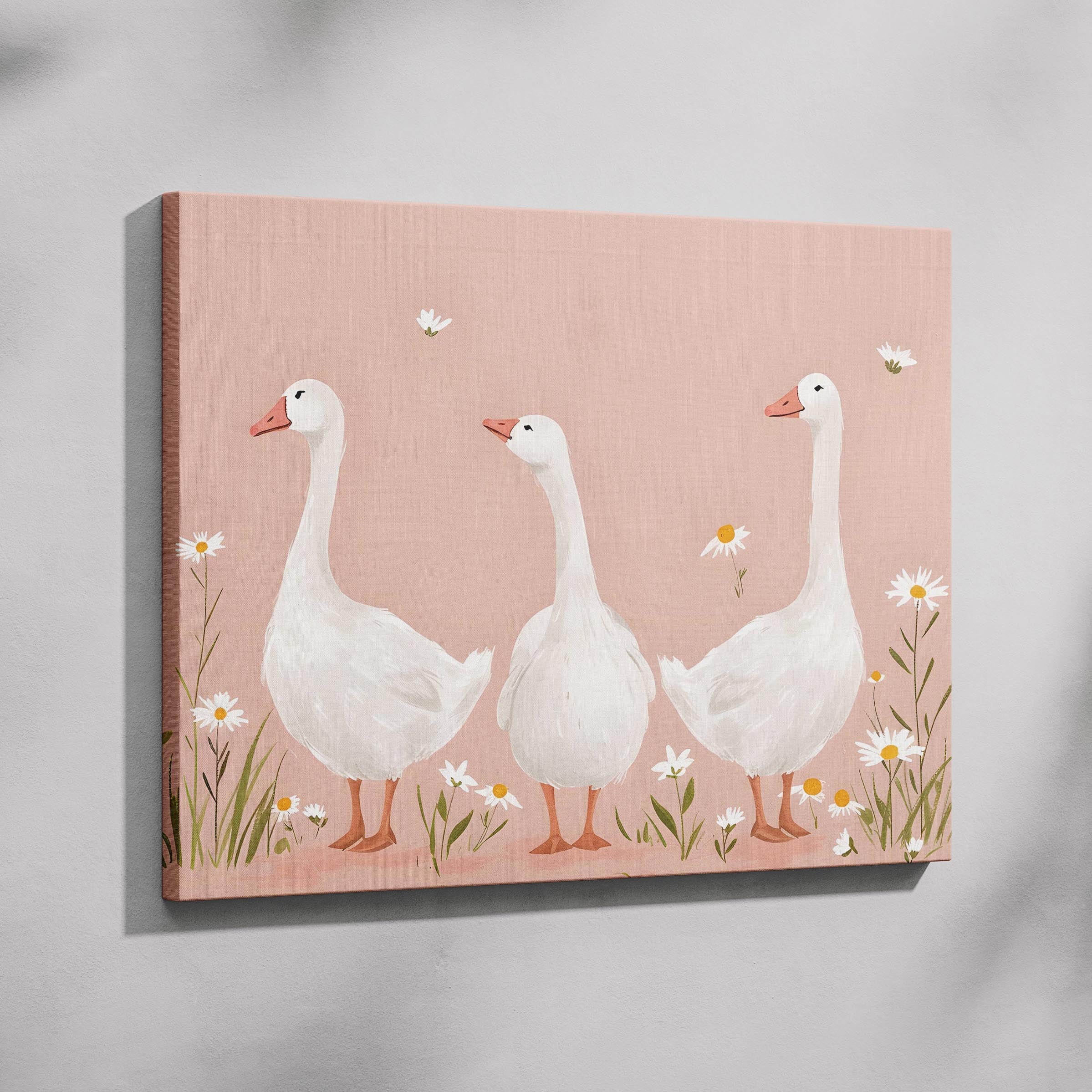Adorable Geese in a Pink Meadow - Framed Canvas Wall Art Print