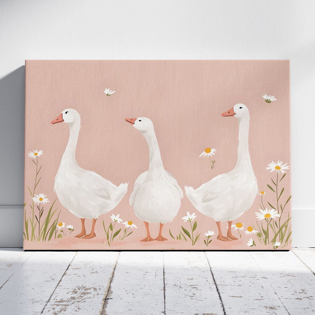 Adorable Geese in a Pink Meadow - Framed Canvas Wall Art Print