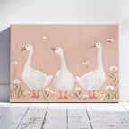 Adorable Geese in a Pink Meadow - Framed Canvas Wall Art Print | House Prints