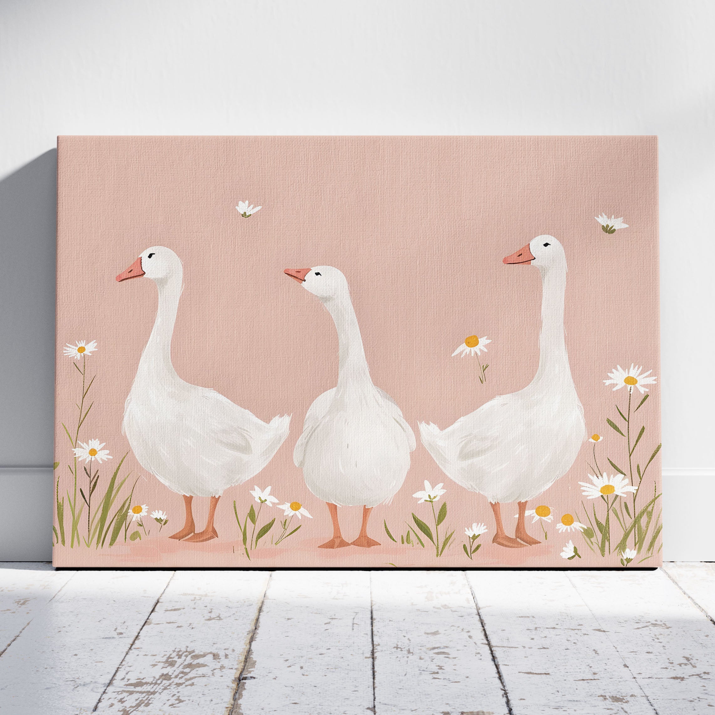 Adorable Geese in a Pink Meadow - Framed Canvas Wall Art Print