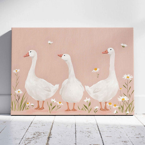 Adorable Geese in a Pink Meadow - Framed Canvas Wall Art Print