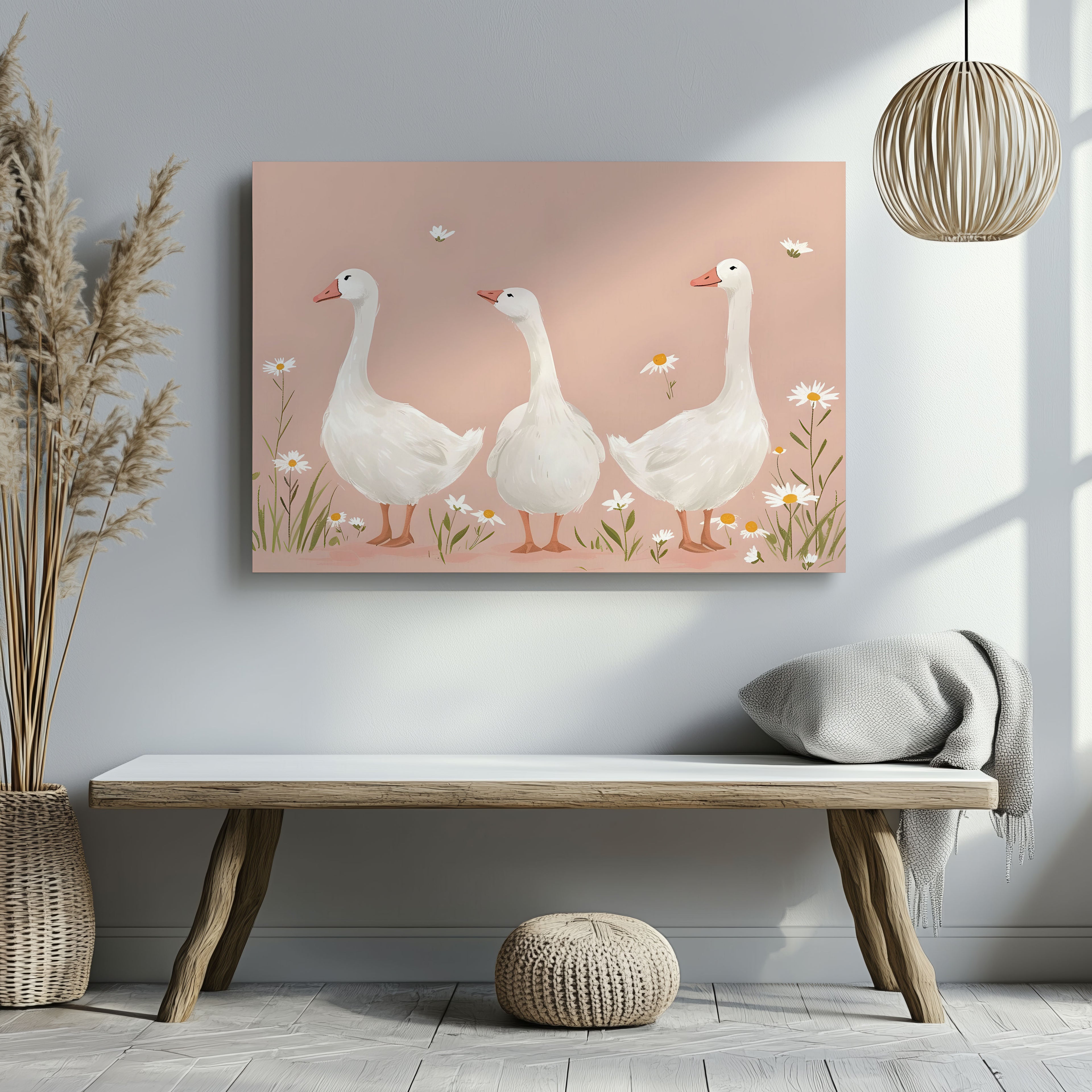 Adorable Geese in a Pink Meadow - Framed Canvas Wall Art Print