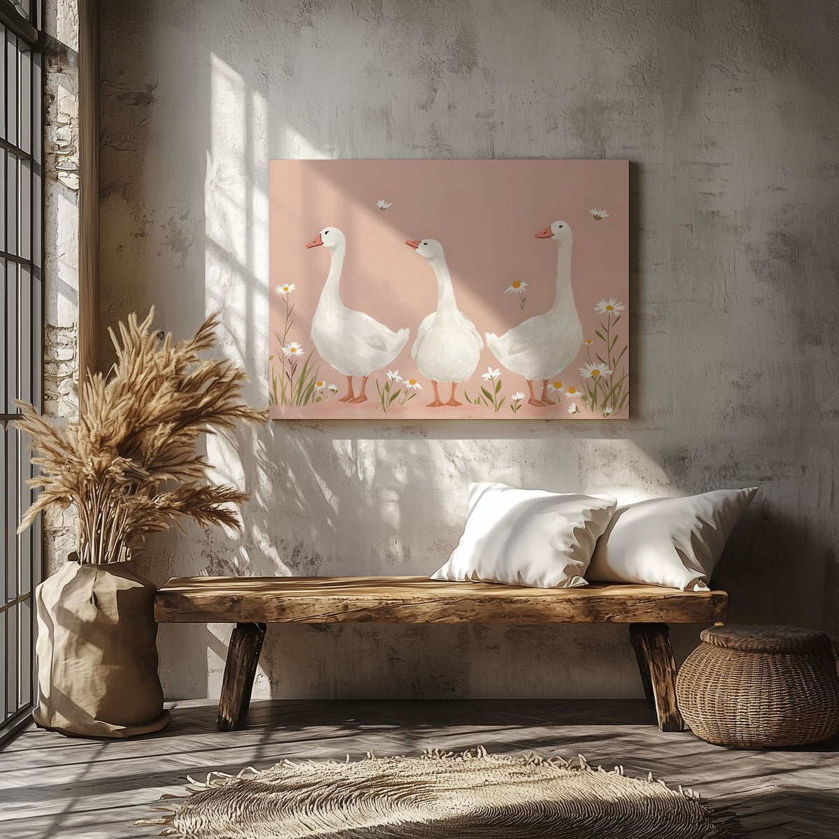 Adorable Geese in a Pink Meadow - Framed Canvas Wall Art Print