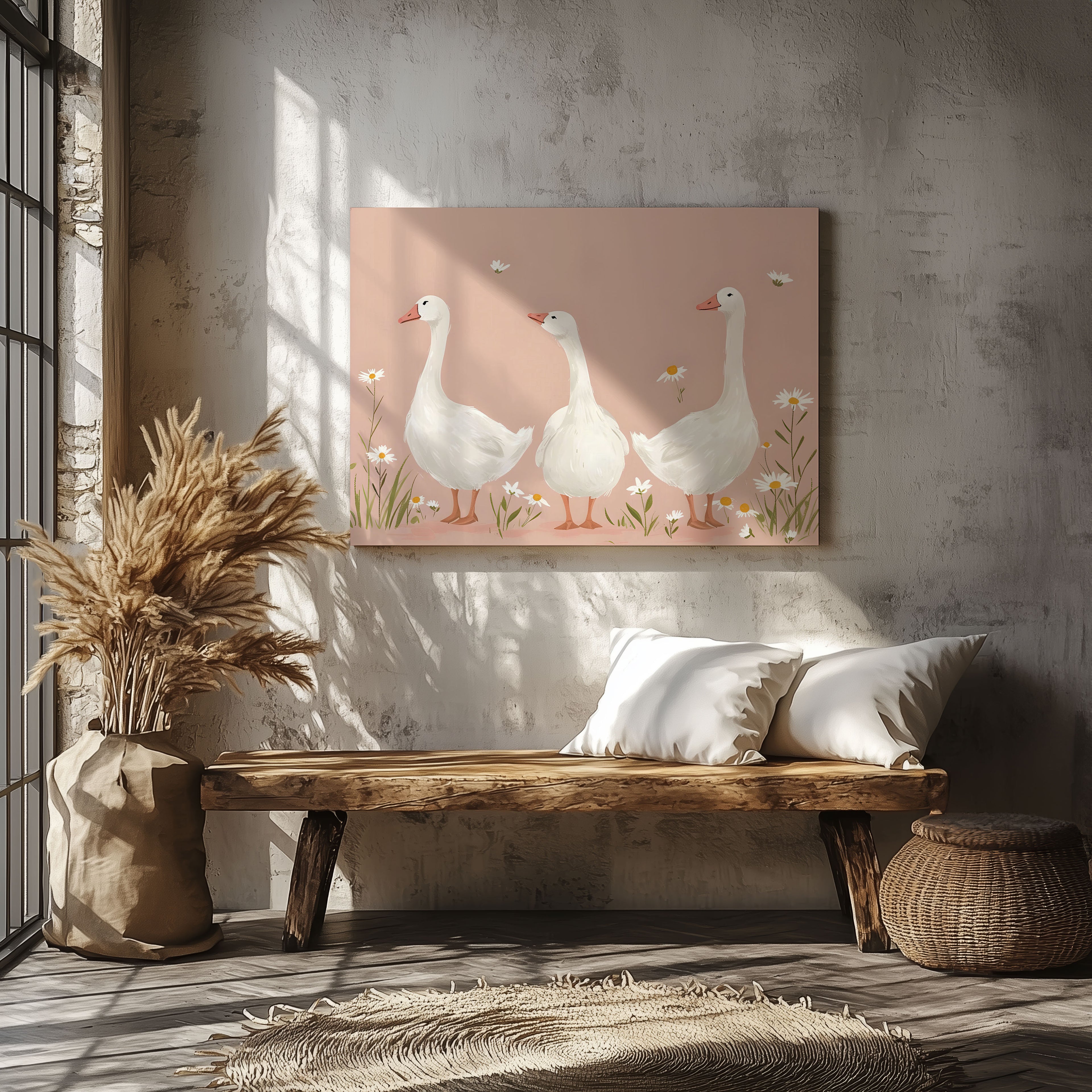 Adorable Geese in a Pink Meadow - Framed Canvas Wall Art Print