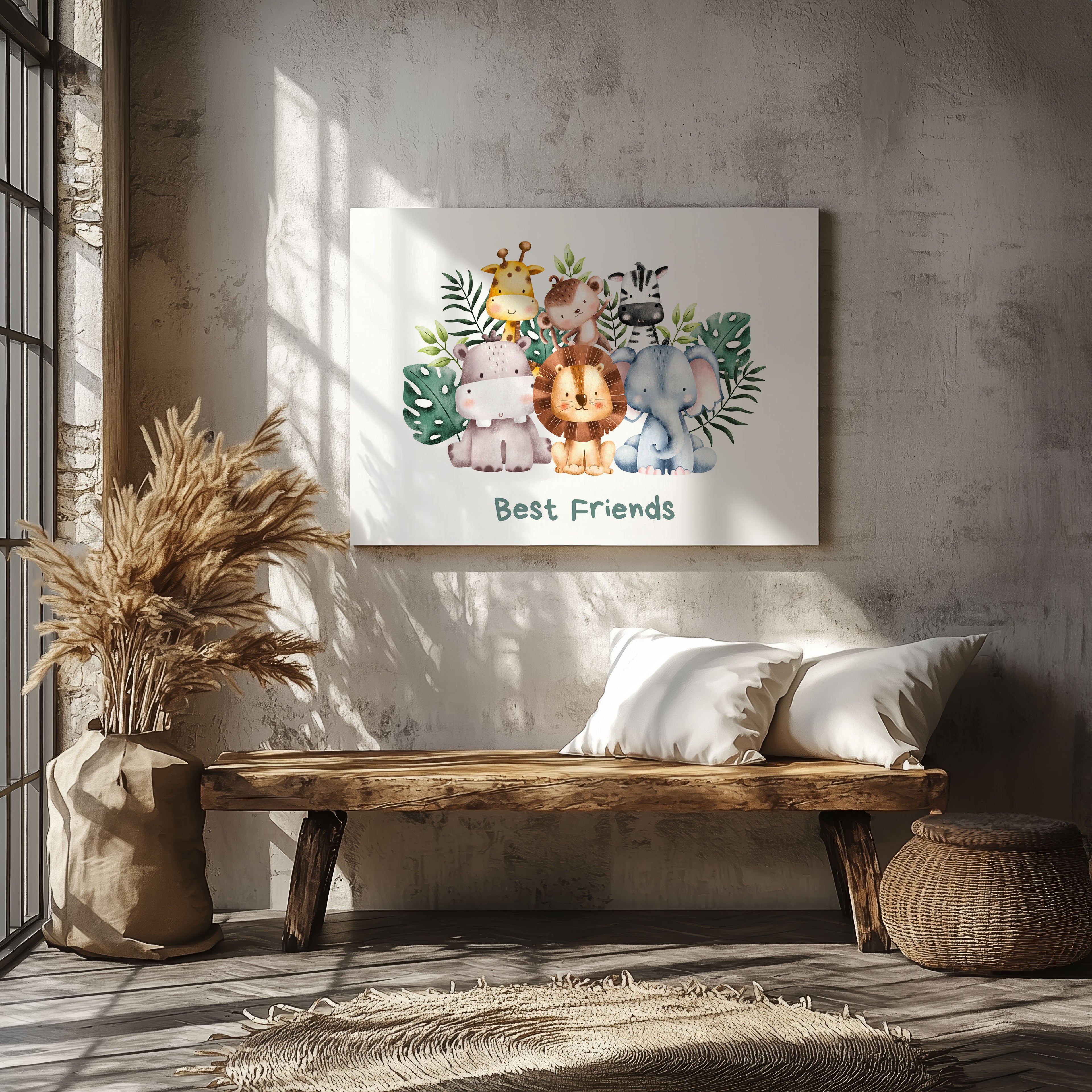 Adorable Nursery Safari Animal Best Friends - Framed Canvas Wall Art Print | House Prints