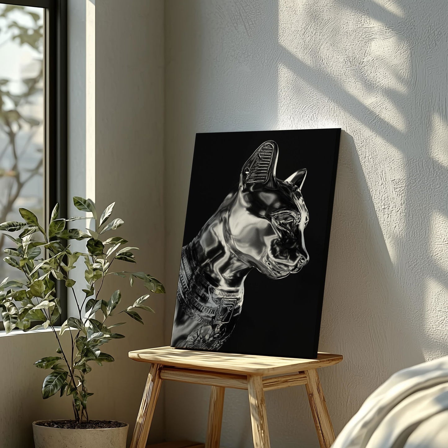 Black & Silver Chrome Sphynx Statue - Framed Canvas Wall Art Print - House Prints