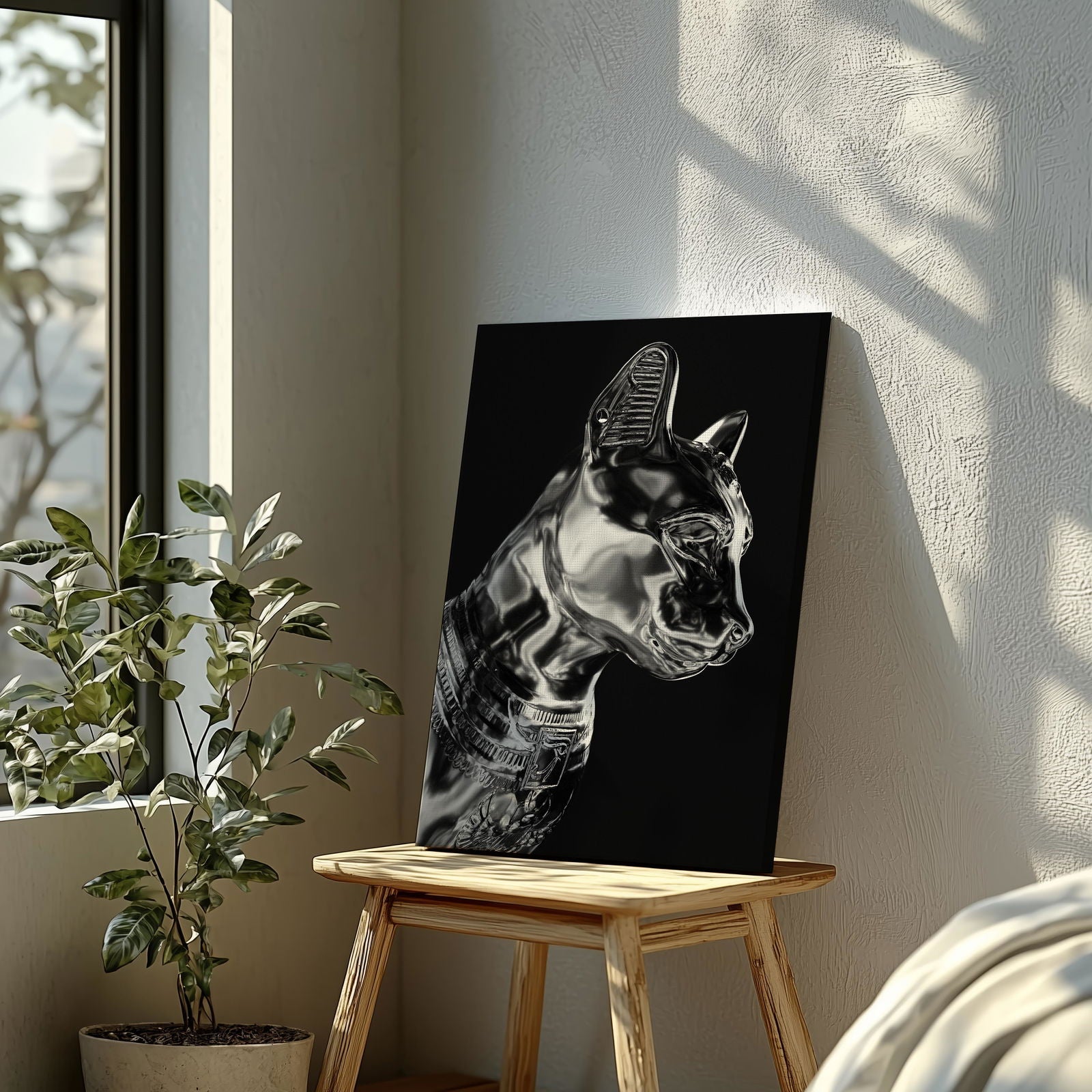 Black & Silver Chrome Sphynx Statue - Framed Canvas Wall Art Print - House Prints