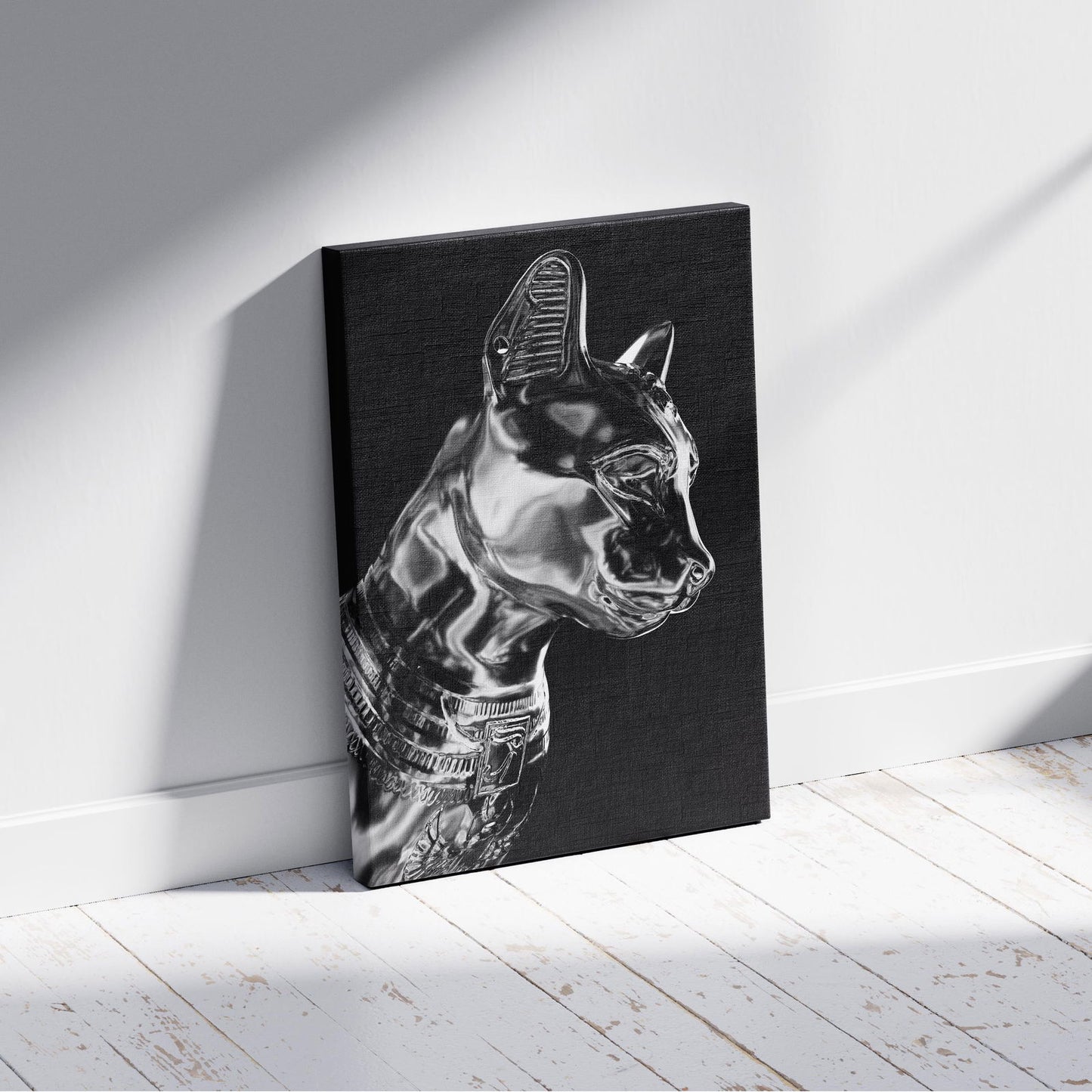 Black & Silver Chrome Sphynx Statue - Framed Canvas Wall Art Print - House Prints