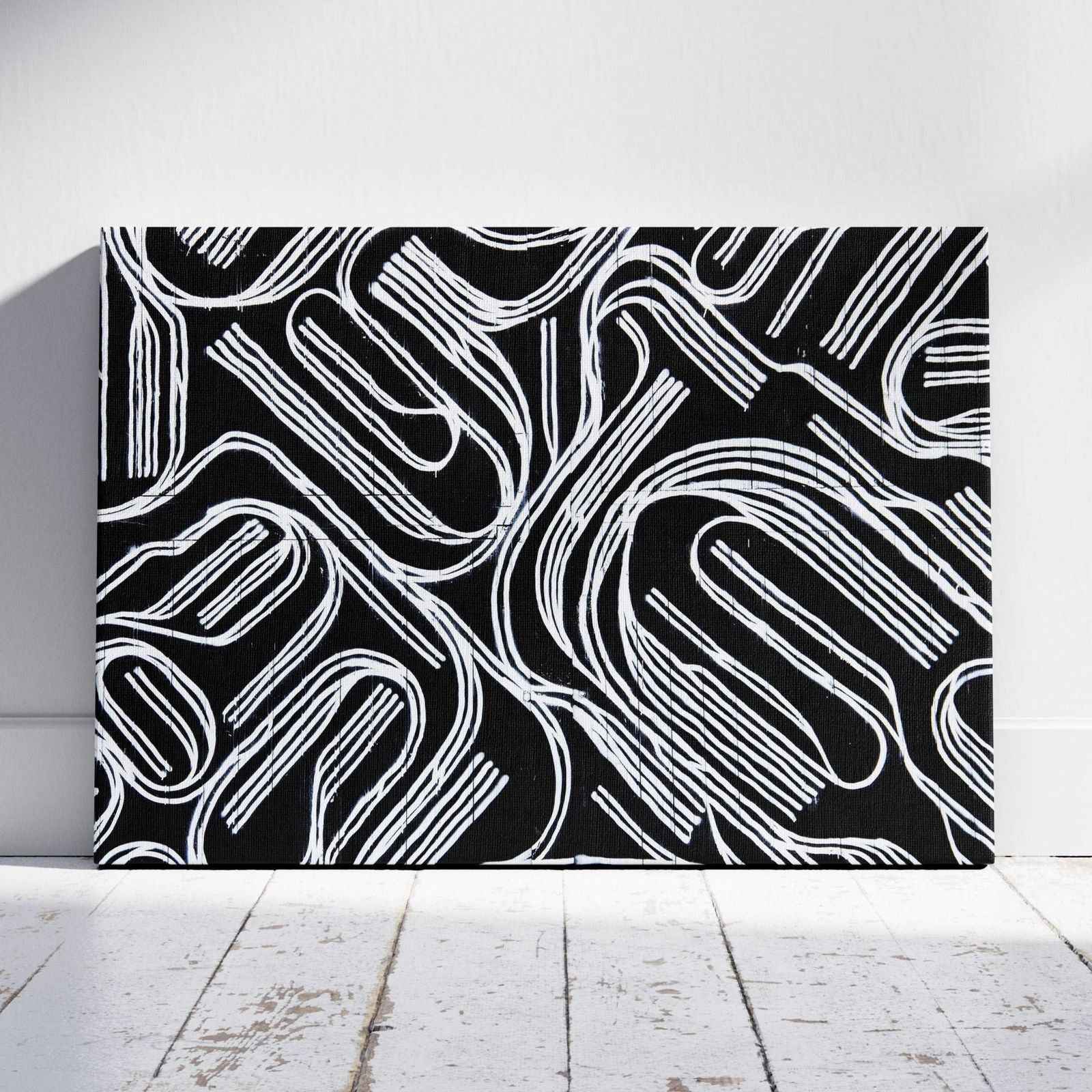Black & White Abstract Curved Lines - Framed Canvas Wall Art Print | House Prints