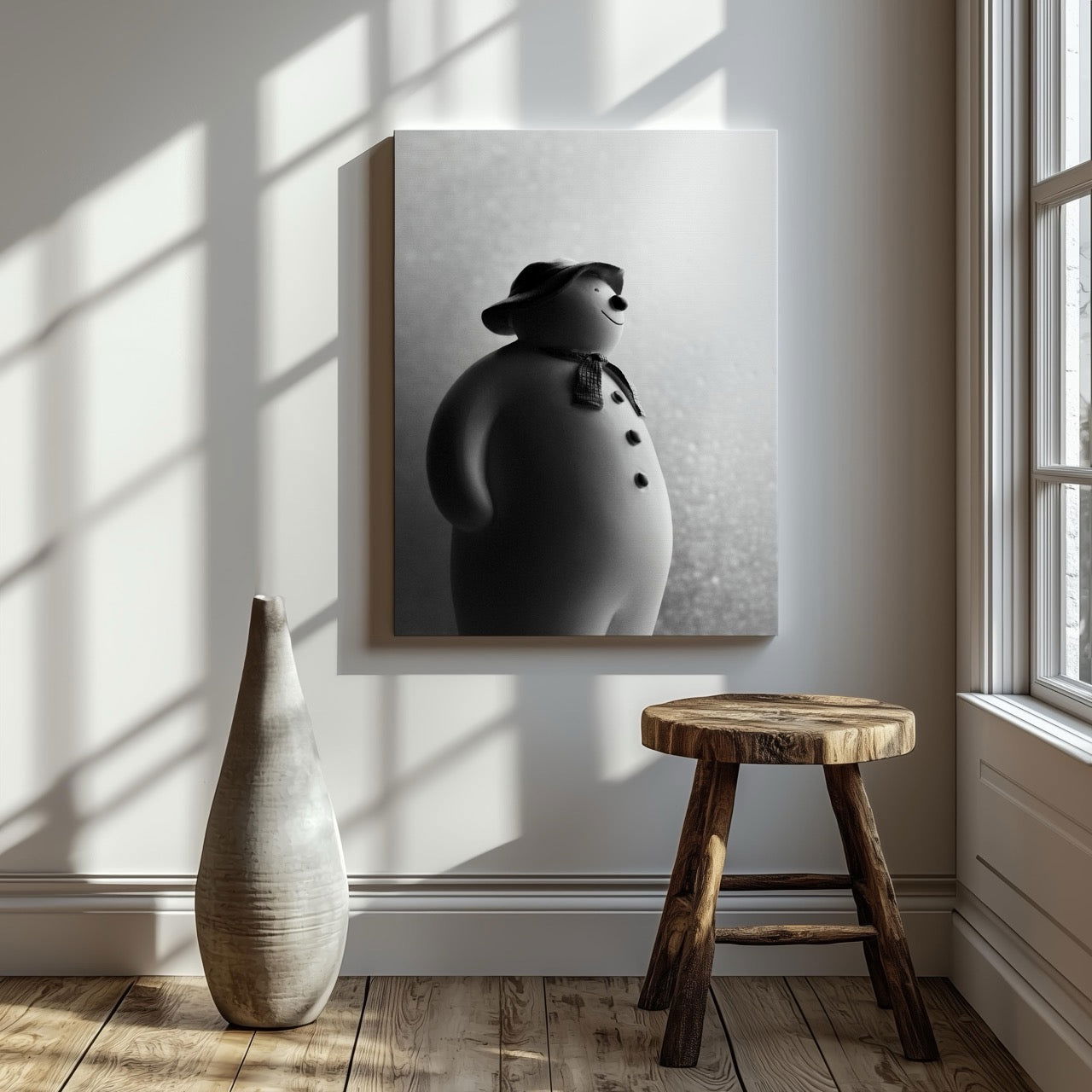 Black & White Christmas Snowman - Framed Canvas Wall Art Print | House Prints