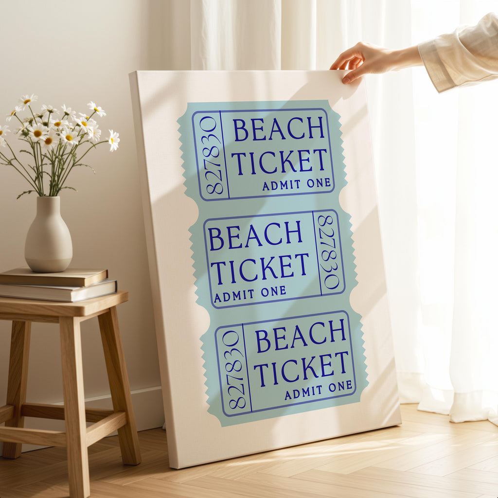 Blue Beach Tickets Admits One - Framed Canvas Wall Art Print | House Prints