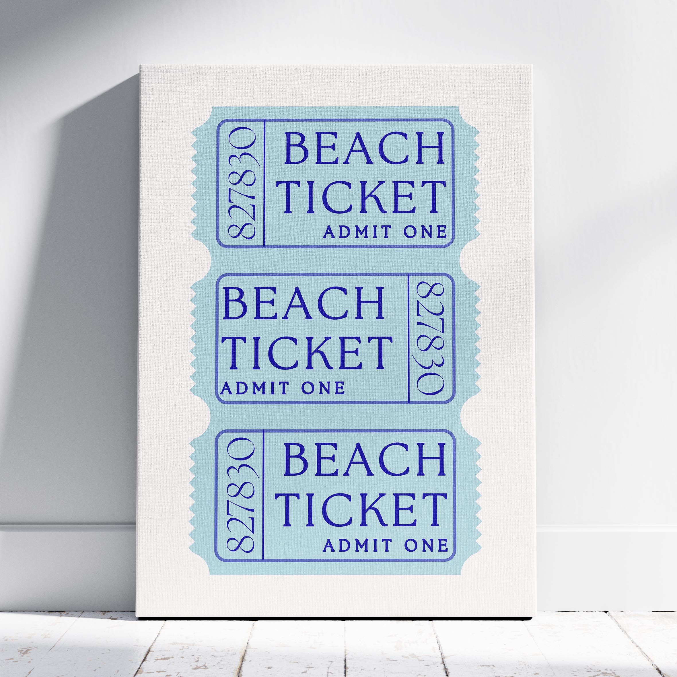 Blue Beach Tickets Admits One - Framed Canvas Wall Art Print